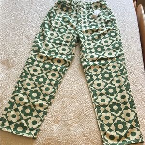 PacSun Green and Cream Floral High Rise Straight Pants